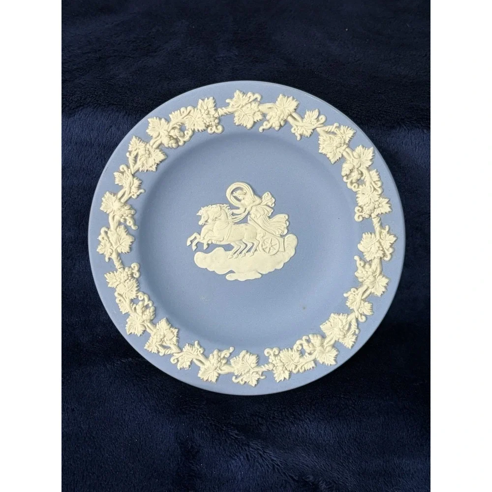 Wedgwood Blue Jasperware 3pc Lot Diamond Round Scalloped Dishes Plates Vintage